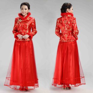  冬季新款红色长袖加厚夹棉新娘旗袍结婚礼服中式婚礼敬酒服装
