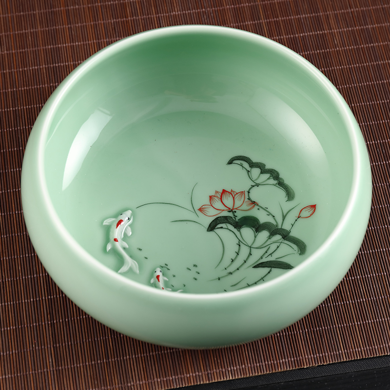 青瓷茶洗立體鯉魚茶杯洗茶海茶具手繪荷花茶洗水盂水洗碗花盆筆洗在類目 餐飲具, 茶具, 茶道/零配中 - 來自Buy2taobao.com提供專業的淘寶代購服務