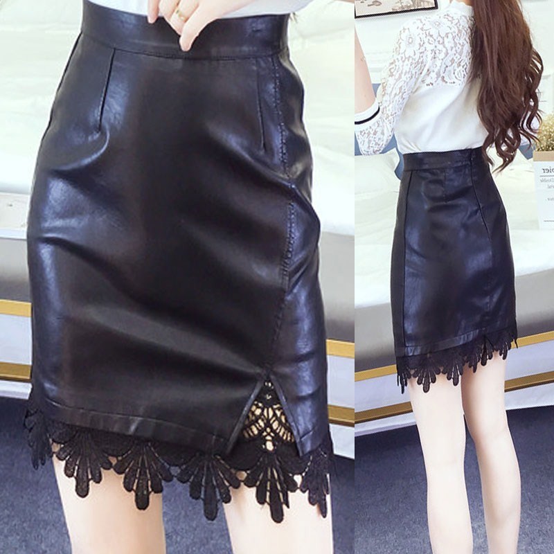 2018 Spring Korean Edition fashion new pattern temperament Irregular Split ends Lace Mosaic Washed Body Leather skirt Women's wearin the Women's clothing/Boutique , Skirts category - from Buy2taobao.com to provide professional Taobao agent buy service