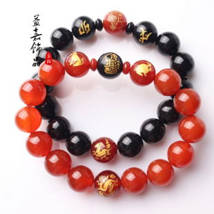  益嘉年生肖属兔福羊保岁六度六合忍辱佛红玛瑙黑曜石助运手链