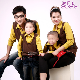  宇贝儿春秋季亲子母女装 纯棉学院风长袖T恤父女装 三口装 8701