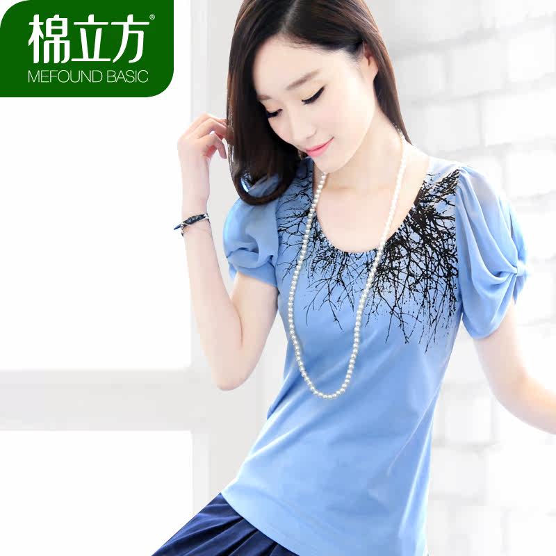 Cubic 2013 summer dress new Korean cotton plus size self print chiffon puff sleeve cotton Ladies t-shirt short sleeve