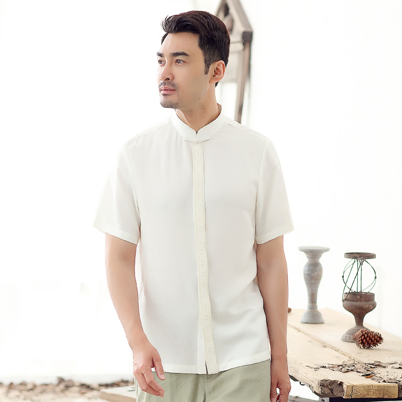 Aristocratic family Chinese style Retro summer Short sleeved Chinese tunic suit shirt Chinese style leisure time Real silk frog Dad installedin the Men's clothing, National costume category - from Buy2taobao.com to provide professional Taobao agent buy service