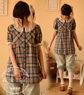  森女部落夏季新森女系蕾丝花边拼接公主袖格子T恤森林系日系