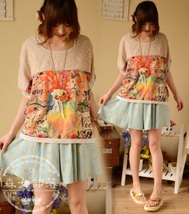  森女部落夏季新款森女系日系蕾丝拼接可爱公鸡蝙蝠短袖T恤