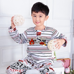  春夏新款100%纯棉儿童睡衣 男孩长袖长裤睡衣 男童家居服套装