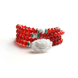  天然水晶红玛瑙花开富贵优雅莲花开运手链毛衣链 本命年 女砗磲