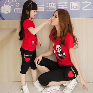  亲子装夏装新款全家装套装母子母女装幸福熊猫