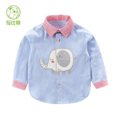 拉比树2018童装新款上市 男童竖条纹长袖衬衫宝宝上衣春秋款衬衣