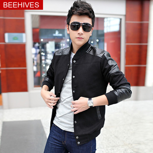 【會員購】BEEHIVES秋新款韓版修身潮機車拼皮夾克薄大碼男士外套