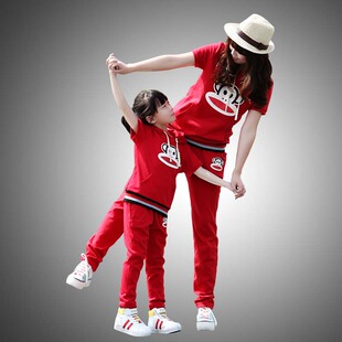  春夏装韩版大嘴运动休闲亲子卫衣两件套装时尚猴子母子母女装