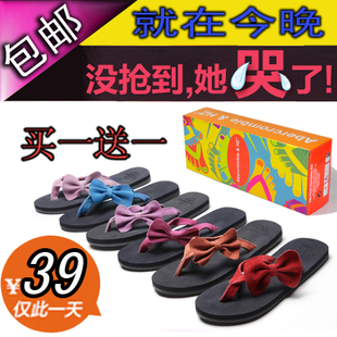  包邮新款 纯牛皮蝴蝶结小鹿人字拖女式休闲夏季夹脚凉拖鞋
