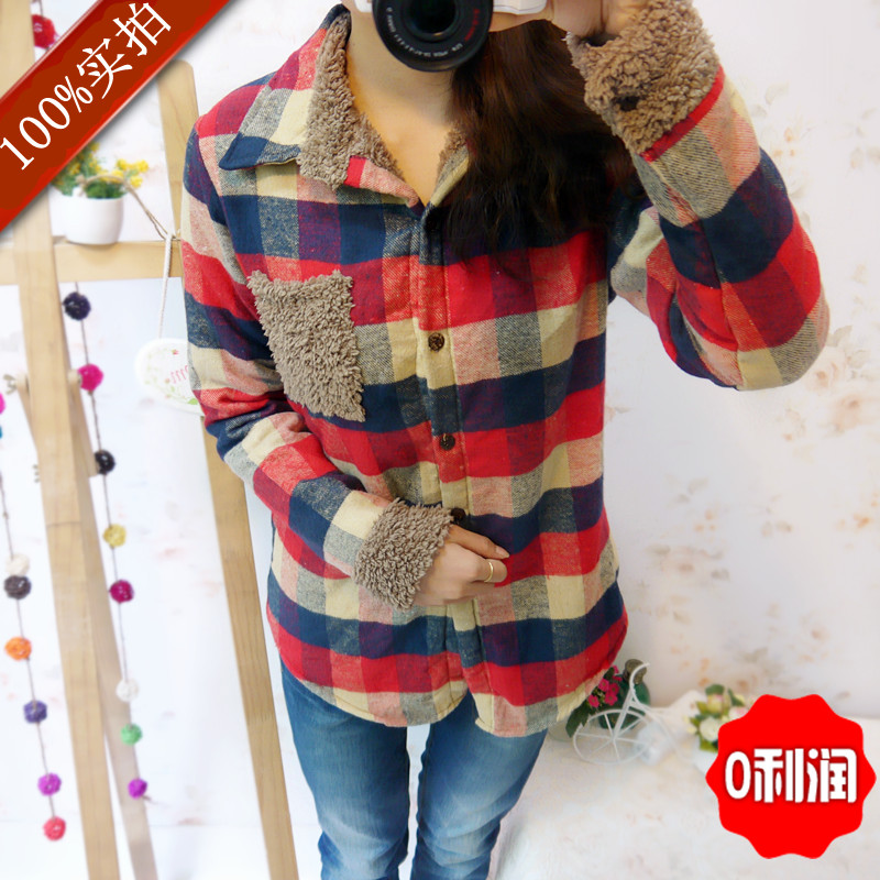 韩版格子衬衫女加厚...