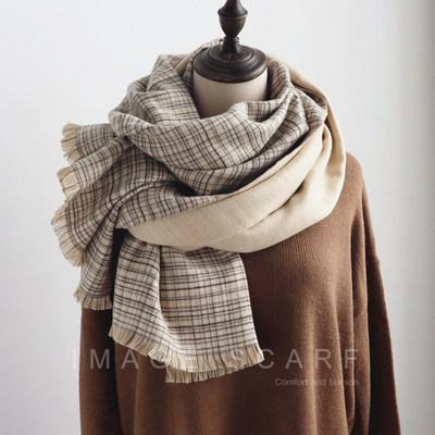 映画新款双面经典格子仿羊绒围巾女冬季毛边英伦百搭保暖加厚披肩
