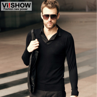  viishow 春装新款针织衫毛衣男衬衫领假两件套头线衣男士上衣