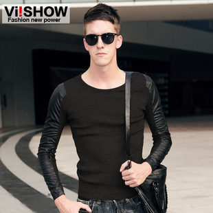  viishow冬装新款休闲针织衫男 拼接男士套头圆领拼皮毛衣修身线衣