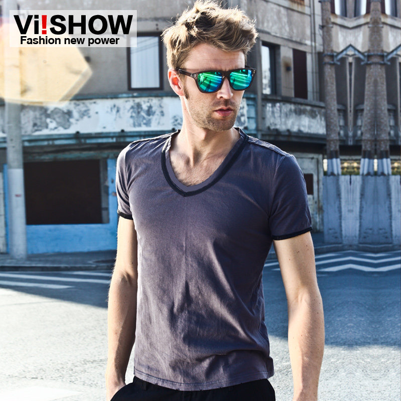 VIISHOW夏装v领短袖T恤男 个性休闲修身短t潮牌男t纯色简约欧美风