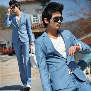  新时尚西装西服男士韩版商务休闲纯棉修身一粒单排扣西服套装蓝色