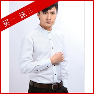  七匹狼黑白色中华立领衬衫 韩版修身个性男士圆领长袖职业装衬衣