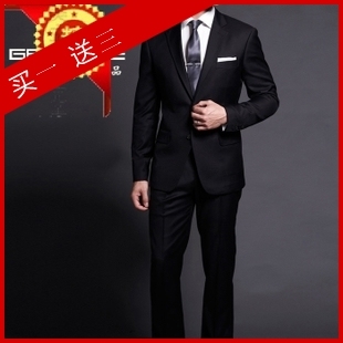  杉杉集团正品黑色两粒扣男士正装西服套装时尚修身个性双开叉西装