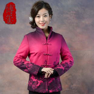  博玺家品牌唐装女士冬装中老年妈妈装毛呢夹棉外套本命年棉衣女装