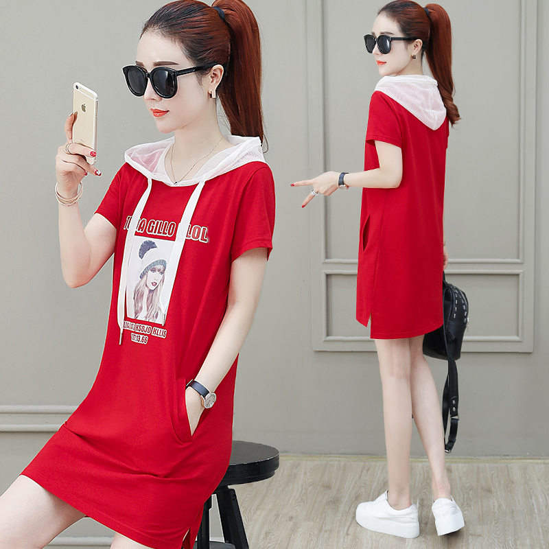 cec Female short sleeved sweater 2019 Summer wear new pattern Korean Edition Easy Socket Versatile clothes Hooded Mid length version jacketin the Sportswear/Casual Clothing , Sports Skirt , Sports Dress category - from Buy2taobao.com to provide professional Taobao agent buy service