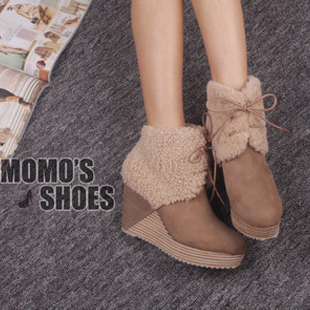  星期六冬季新款短靴真皮女靴子厚底高跟女鞋羊羔毛坡跟雪地靴