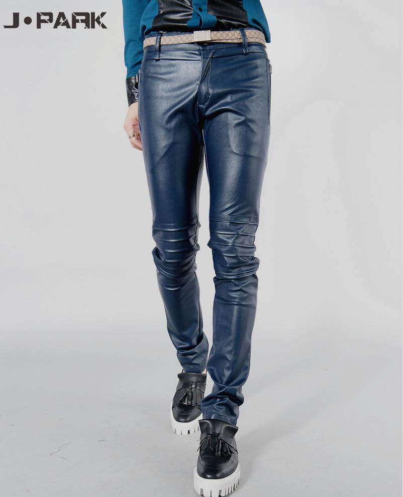 Ultra blast!2013 spring tide men's new black blue foot leather pants tight locomotive Korean Pu leather pants