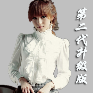 春装休闲韩版女装长袖白色衬衫宫廷修身职业装女士仿雪纺衬衣