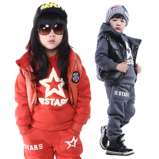  新年童装冬装新款男童女童卫衣三件套装韩版加厚加绒儿童外套
