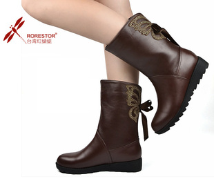  包邮红蜻蜓大码女靴子平跟软底真皮中筒靴牛皮靴女平底靴冬靴棉鞋