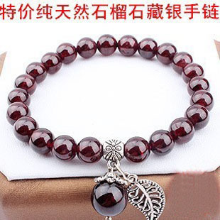  天然水晶 天然酒红石榴石手链 藏银百搭手链 美容养颜 包