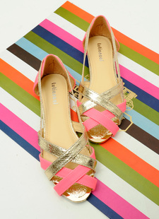  特复古罗马风交叉带平底凉鞋 荧光色拼接侧镂空露趾平跟女鞋