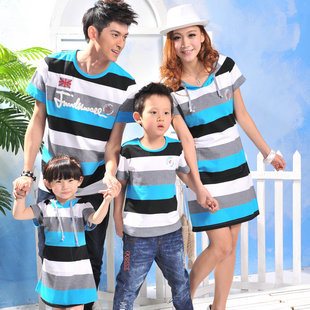  韩版 亲子装夏装全家装 新款母女装连衣裙 纯棉母子短袖T恤