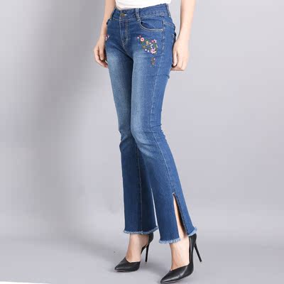 牛仔裤女新款喇叭裤复古毛边流苏韩版修身显瘦微喇叭开叉牛仔裤女