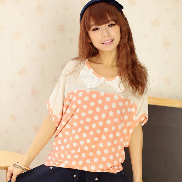 拼接圆点女士T恤...