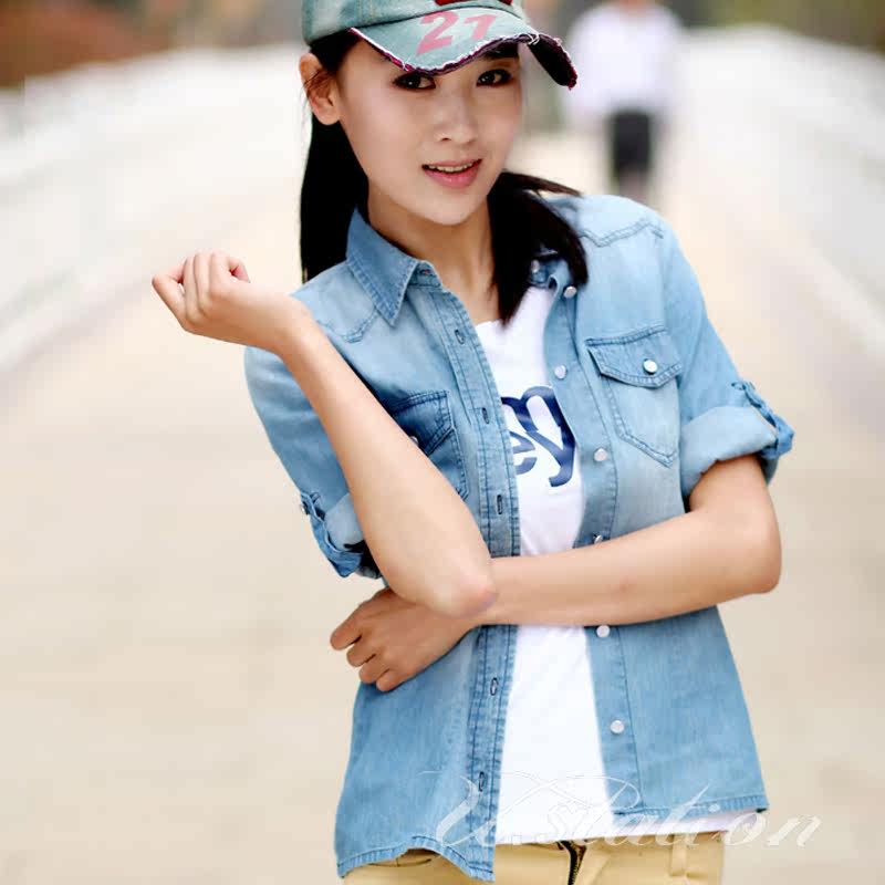 ustation 2013夏季韩版女装 薄牛仔衬衫 衬衣 七分袖 休闲外套