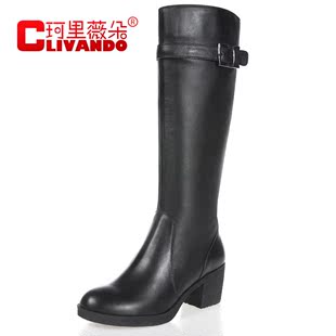  皮靴女高跟高筒靴骑士靴冬靴全牛皮真皮长靴女靴黑色粗跟女长靴子