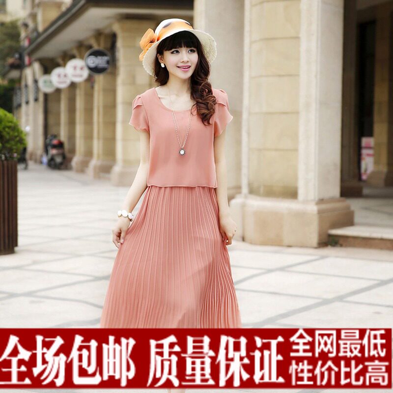 2013春夏新款女装短袖假两件雪纺百褶长裙雪纺连衣裙夏季韩版裙子