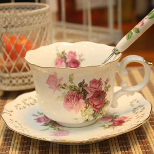  欧式陶瓷咖啡杯套装 创意三件套 时尚镂空 英式田园 新年婚庆礼物