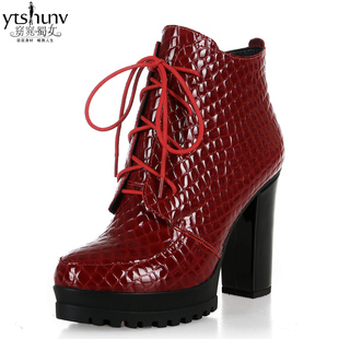  新款欧美真皮短靴马丁靴红色粗高跟婚鞋厚底女鞋漆皮女靴子