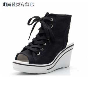  韩版镂空透气高跟鱼嘴露趾帆布鞋蘑菇街韩国夏季坡跟运动女鞋子