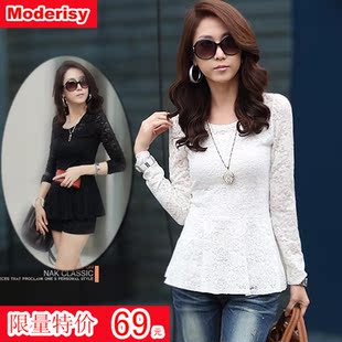  春装新款韩版蕾丝打底衫女 中长款修身显瘦蕾丝衫女士上衣潮
