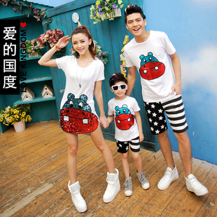  新款亲子装夏装父子装母女装一家四口全家装女连衣裙ql情女装