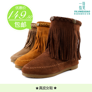  春季新款唐卡流苏欧美英伦风真皮复古女鞋女靴子马靴中筒靴短