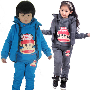  小孩冬装过新年衣服中小童男童女童装儿童大嘴猴加厚卫衣三件套装