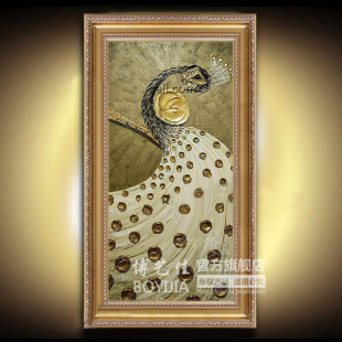  雅创品牌纯手绘油画玄关走廊装饰画有框画抽象画吉祥画 金孔雀