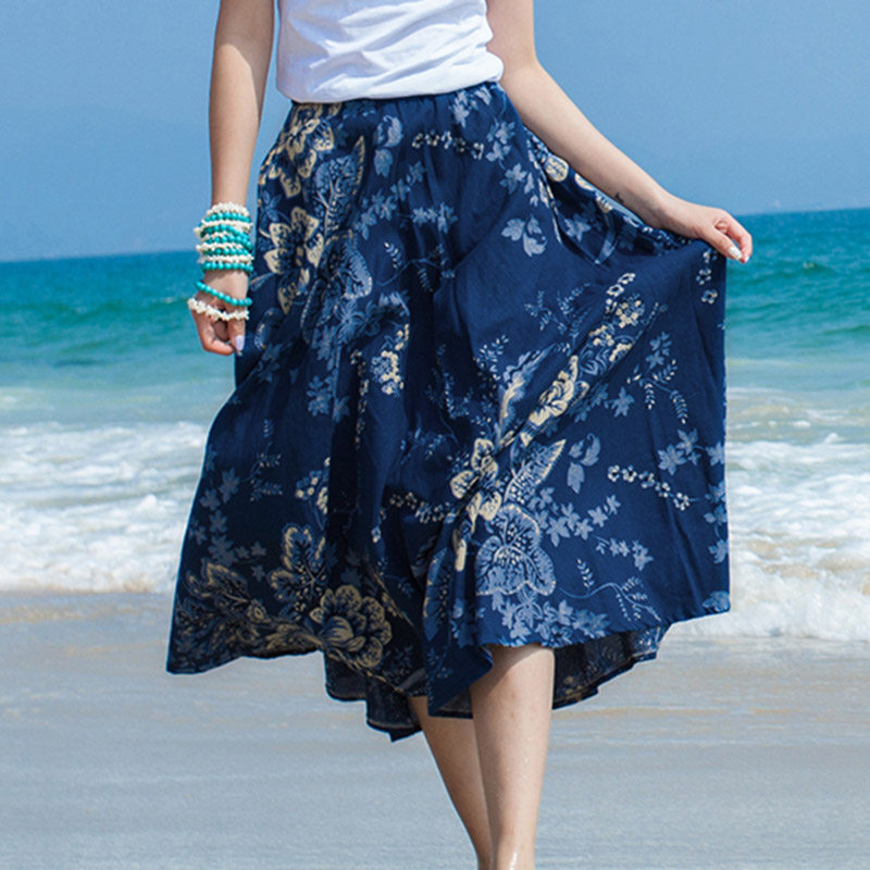 波西米亚棉麻印花半身裙2013春夏新款女装蓝色大摆亚麻中长裙子