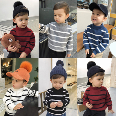 辰辰妈婴童装宝宝冬装男童高领毛衣加绒加厚针织衫儿童条纹打底衫