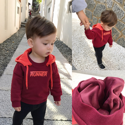 辰辰妈婴童装男童宝宝加绒连帽卫衣女假两件红色小幼童套头卫衣女